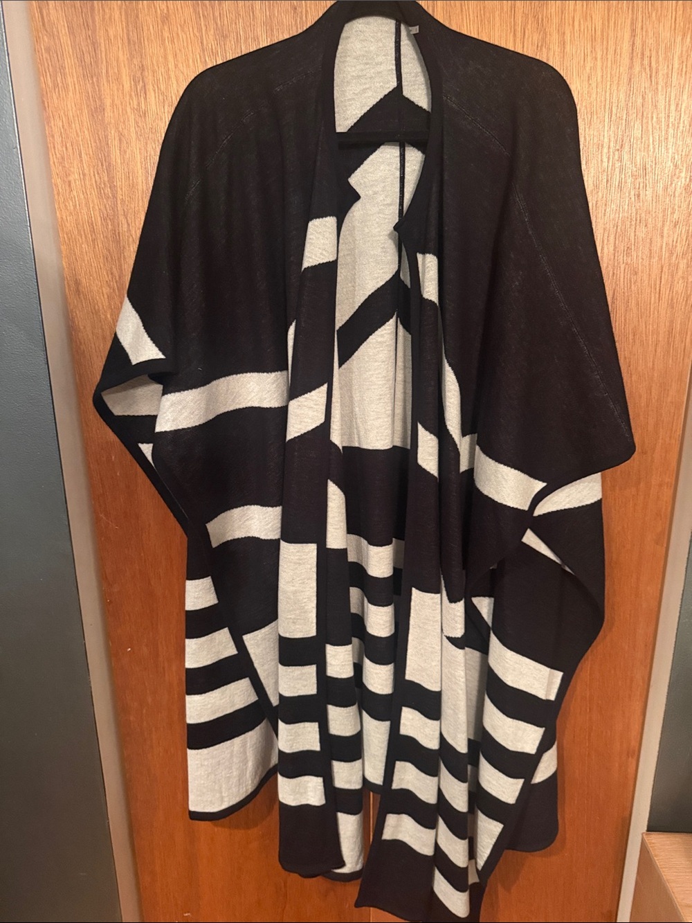 Dolce Cabo Black and Cream Striped Open-Front Poncho